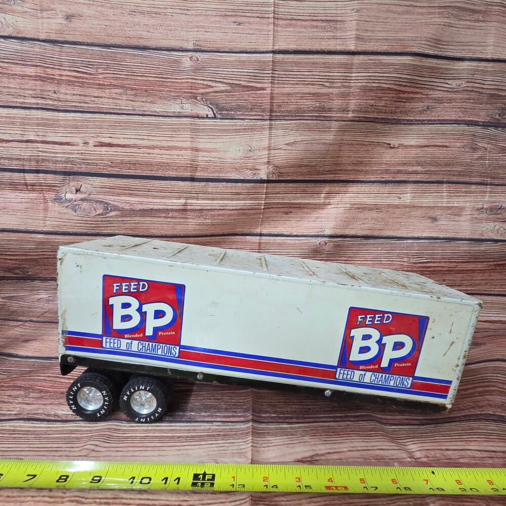 Vintage Nylint Pressed Steel BP Feeds semi trailer red, white, blue